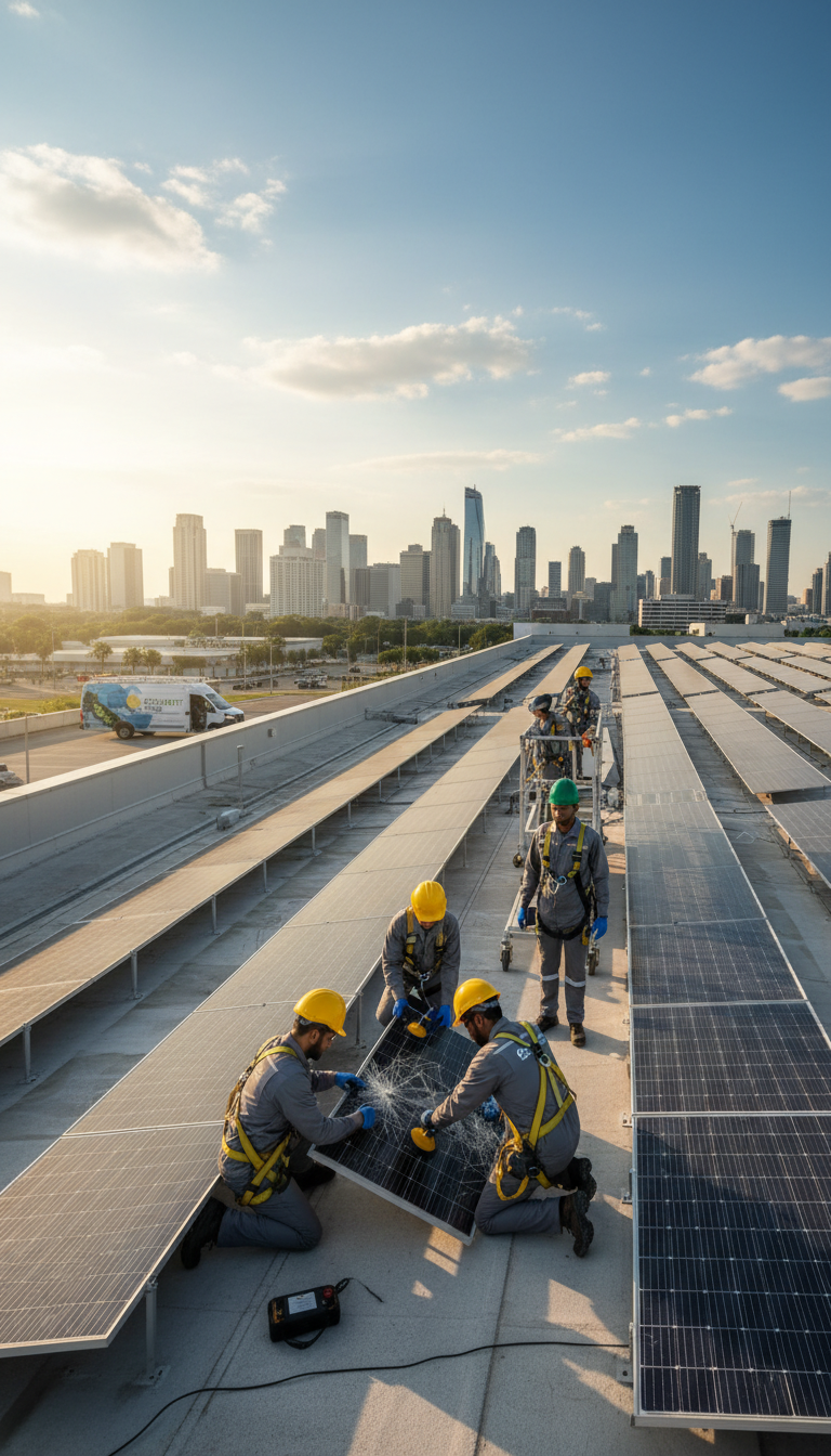 Solar technician inspecting commercial solar panel system on building rooftop